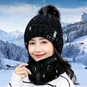 Womens Pom Beanie Hat Scarf Set Girls Cute Winter Ski Hat Slouchy Knit Skull Cap